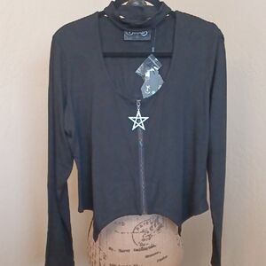 Killstar Black Long Sleeve Cropped Zip Top with Pentagram Pull